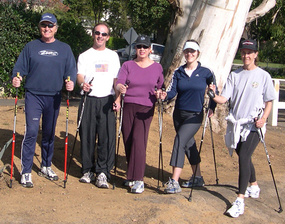One of the benefits of Nordic walking is that the exercise isn't limited to a gym. Atop the Via de las Olas bluffs overlooking the Pacific Ocean, Bernd Zimmermann takes a group on a walk. (Left to right) Zimmermann, Ed Lowe, Roberta Donohue, Alyson Sena and Sue Pascoe.